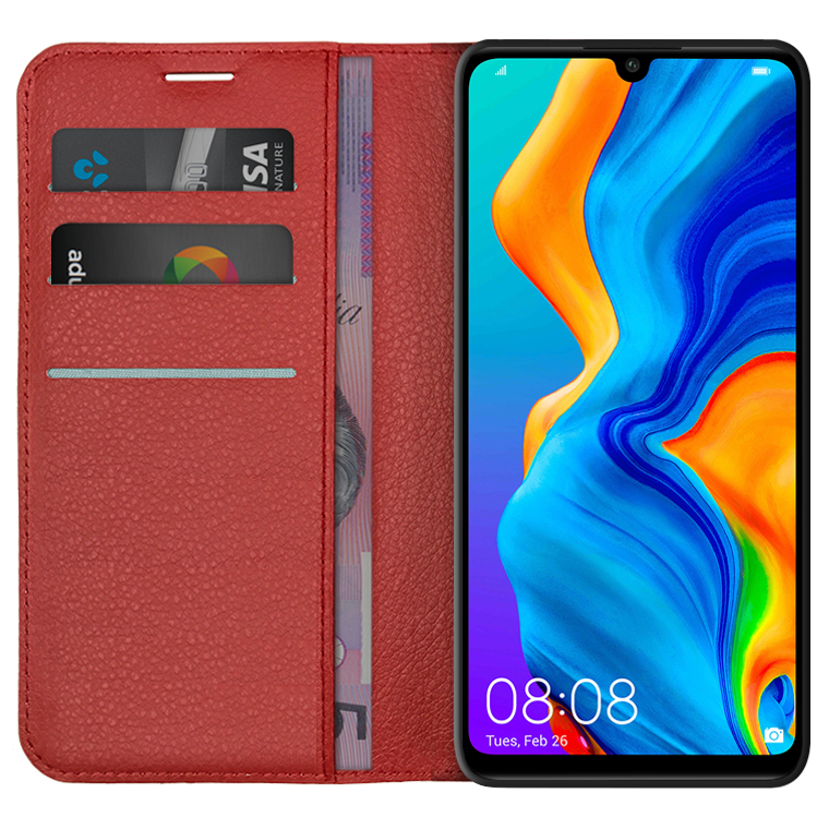 Leather Wallet Case Card Holder Huawei P30 Lite Red